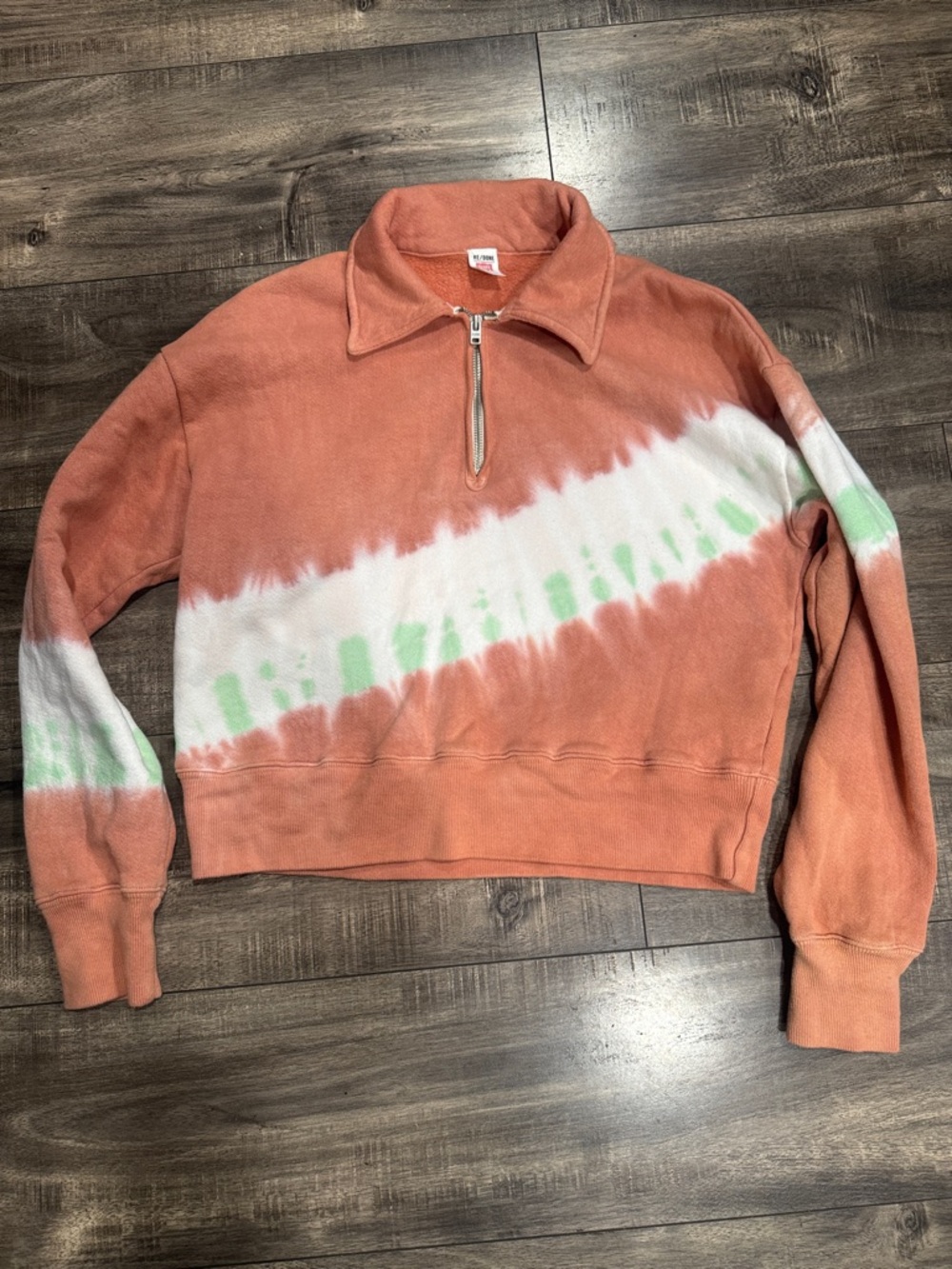 Re/Done Hanes TIE-DYE HALF-ZIP PULLOVER - Coral with White & Mint size Small